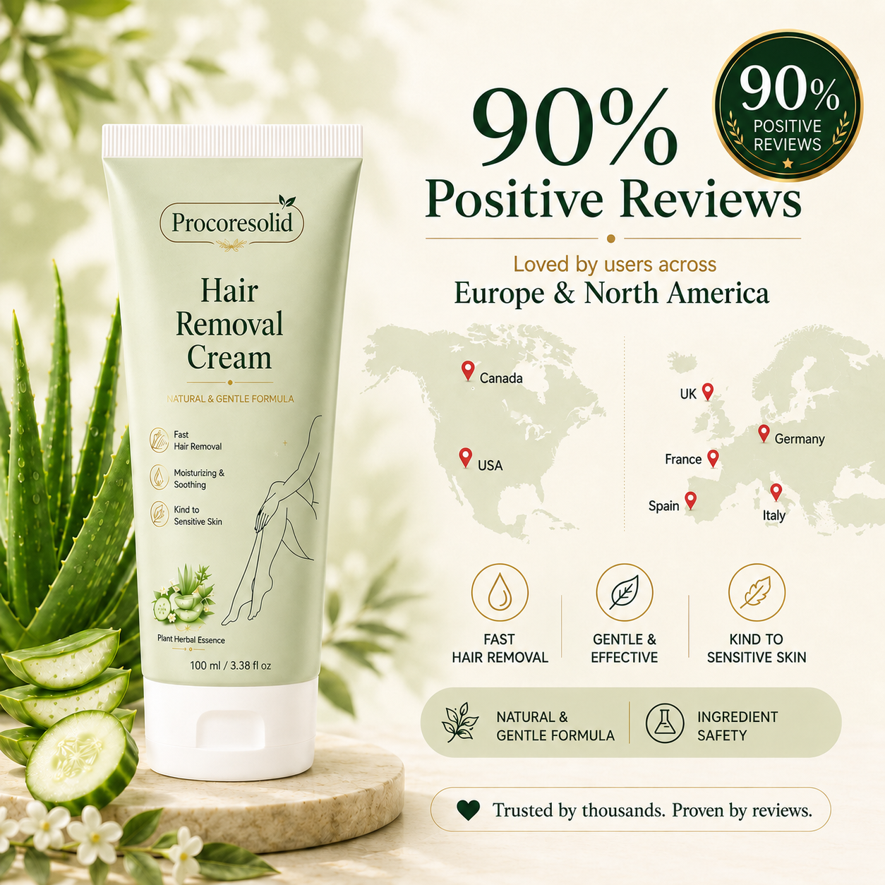 Procoresolid™Natural Gentle Hair Removal Cream | For Women & Men, Sensitive Skin