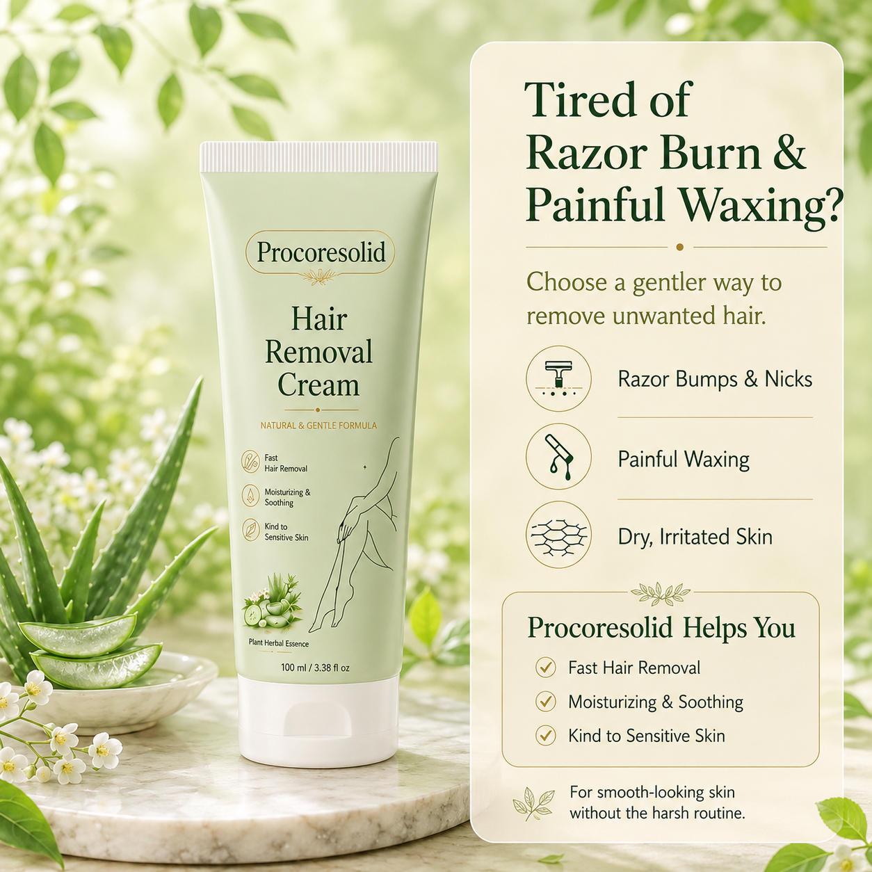Procoresolid™Natural Gentle Hair Removal Cream | For Women & Men, Sensitive Skin