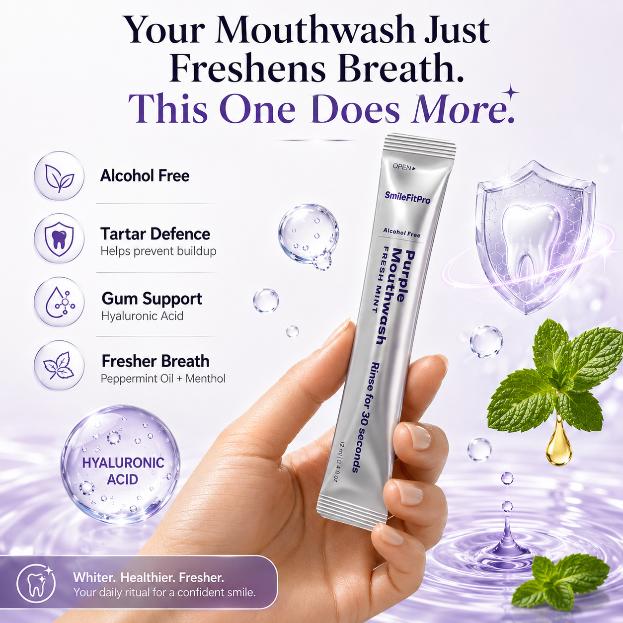 Purple Mouthwash - Sachets 10 Pack - Peroxide-Free - Alcohol Free - Vegan Mint