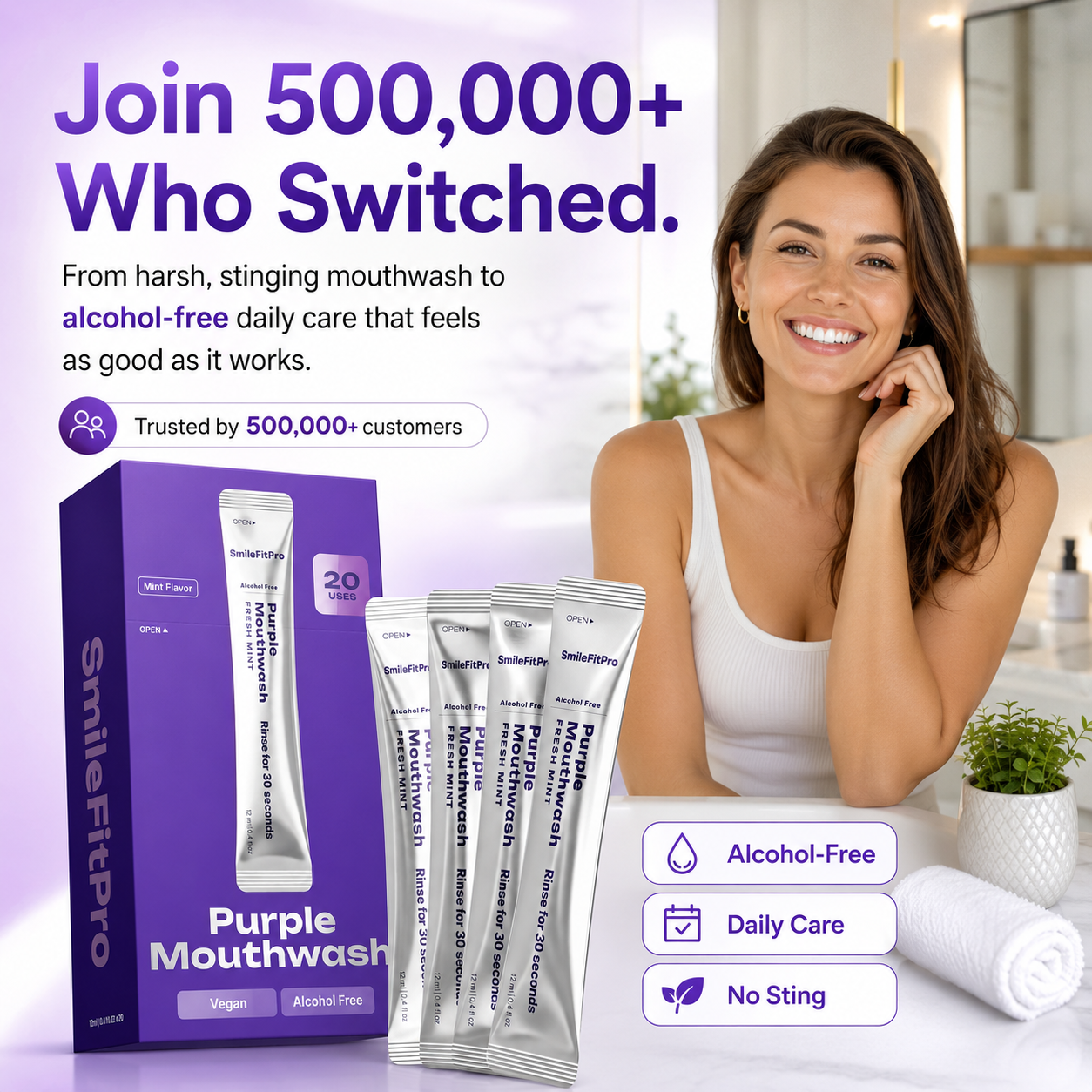 Purple Mouthwash - Sachets 10 Pack - Peroxide-Free - Alcohol Free - Vegan Mint
