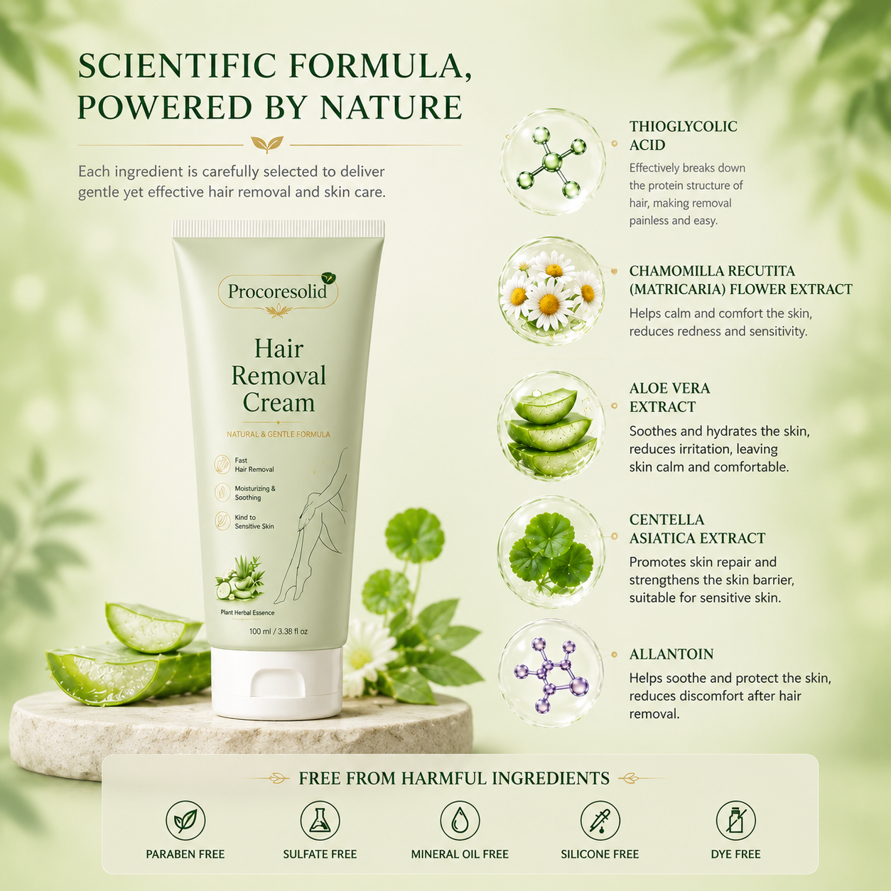 Procoresolid™Natural Gentle Hair Removal Cream | For Women & Men, Sensitive Skin